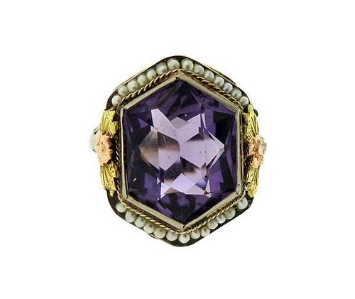 Victorian 14k Gold Amethyst Seed Pearl Ring