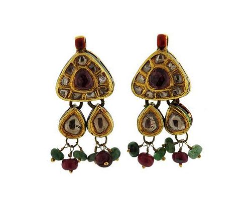 18k Gold Rose Cut Diamond Tourmaline Ruby Emerald Enamel Earrings