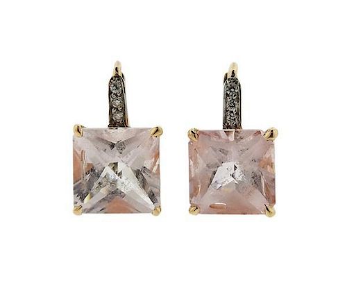 18K Gold Rose Quartz Diamond Earrings