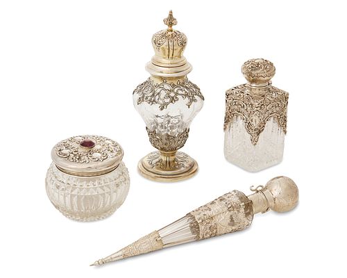 A group of glass and silver overlay objet de vertu, Late 19th/early 20th century