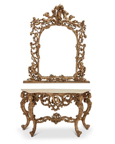 An Italian Rococo-style console table with mirror