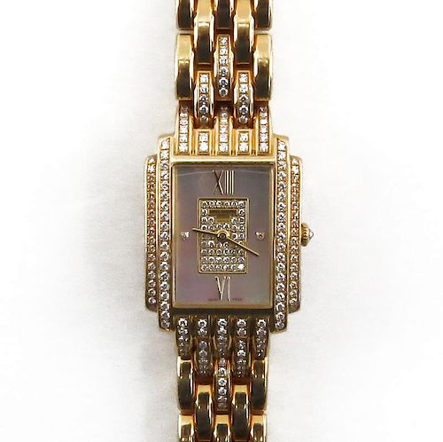 Lady's Patek Philippe 18K Yellow Gold and 1.30 Carat Pave Set Diamond Gondola Quartz Movement Bracelet Watch