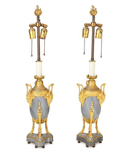 A pair of Barbedienne gilt-bronze and marble table lamps