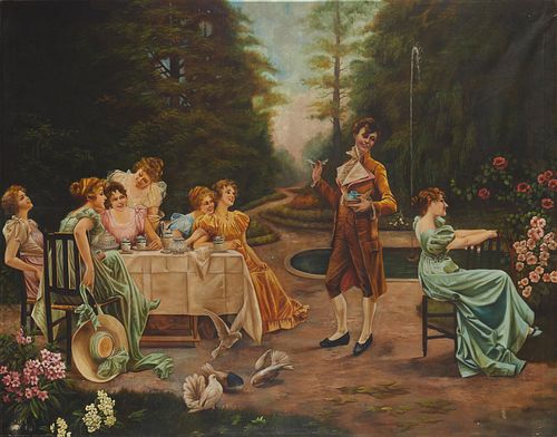 Early 20th Century Continental School, Garden party, Oil on canvas, 88" H x 114.5" W