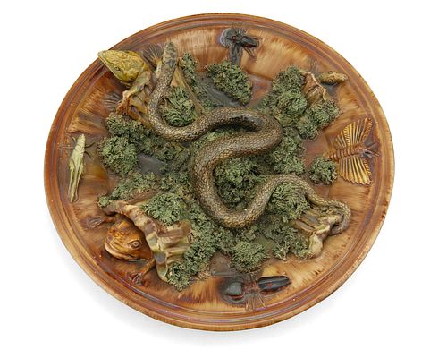 Manuel Cipriano Gomes Mafra, (1829-1905), Late 19th century, Snake, lizard, frog, and various insects, Portugese Palissy glazed ceramic, 3.75" H x 12.