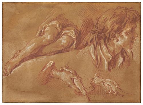 Francois Boucher (1703-1770), "The Vegetable Vendor: A Sheet of Studies," c.1738, Red chalk heightened with white on buff paper, Image/Sheet: 10.375" 