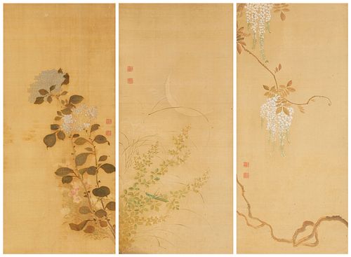 Three Japanese Meiji Period Framed Scrolls, Late 19th/20th century, Sight of each: 29.5" H x 13.5" W