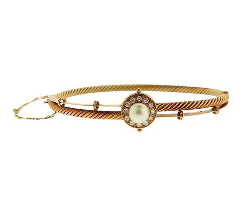 18K Gold Diamond Pearl Bangle Bracelet