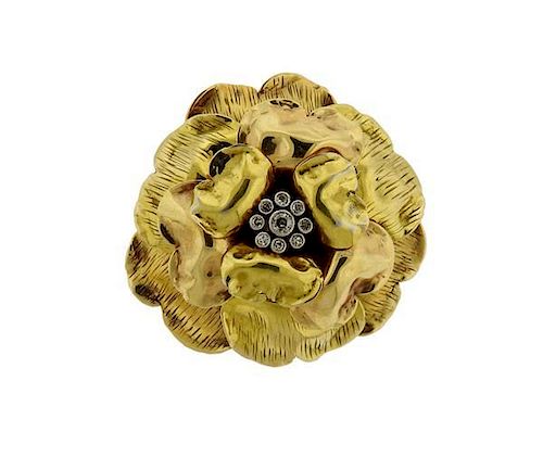 Retro 18K Gold Diamond Flower Brooch Pin