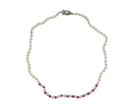 Sterling Silver Ruby Pearl Bead Necklace