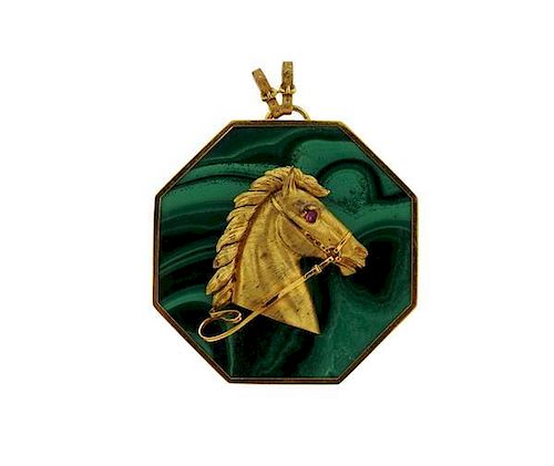 Massive Italian 18K Gold Malachite Ruby Horse Pendant