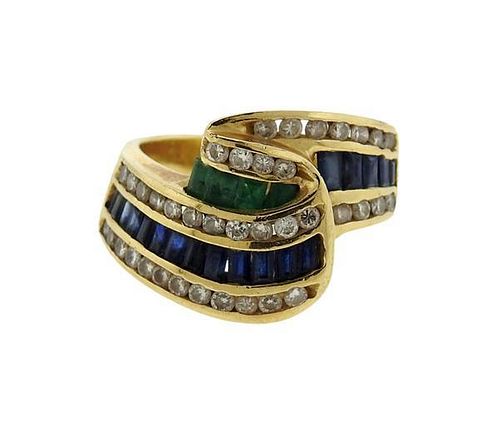 14K Gold Diamond Emerald Sapphire Wave Band Ring