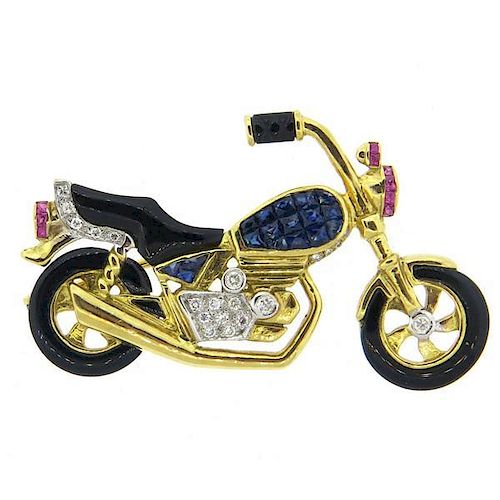Onyx Sapphire Ruby Diamond Gold Motorcycle Brooch
