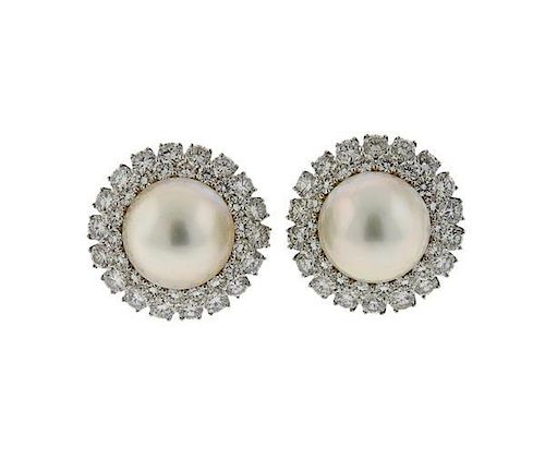 Large Platinum 6.50ctw Diamond Pearl Earrings
