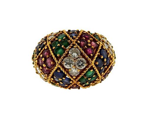 1960s 14K Gold Diamond Emerald Sapphire Ruby Dome Ring