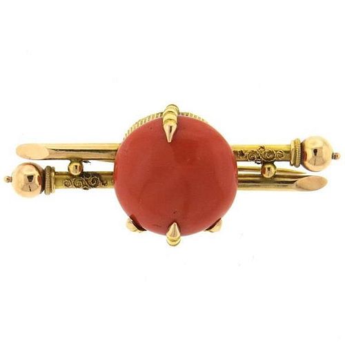 Antique Victorian Coral Gold Claw Brooch Pin