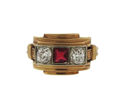 Antique 14K Gold Diamond Red Stone Ring