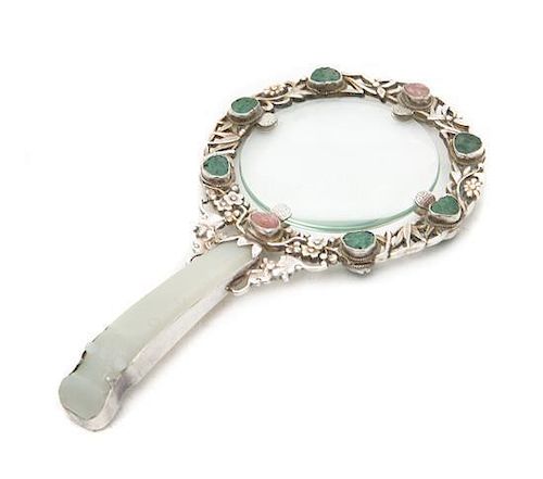 A Chinese Jade Inset Silver Magnifying Glass, Length overall 8 inches.