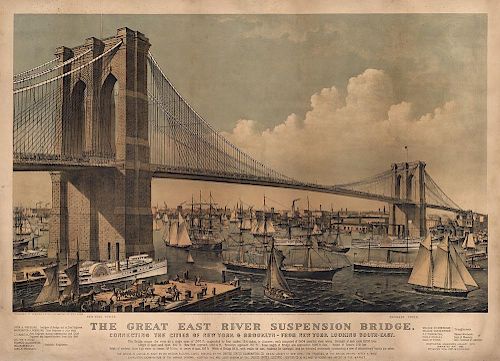 The Great East River Suspension Bridge (Brooklyn Bridge) - Original Currier & Ives Lithograph.