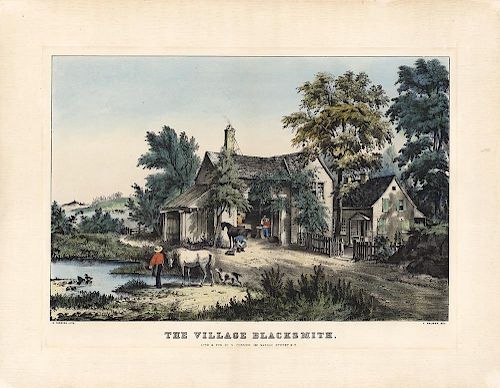 The Village Blacksmith - Original Currier & Ives Lithograph.