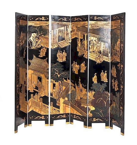 A Chinese Six-Panel Floor Screen, Height of each panel 84 x width 15 3/4 inches.