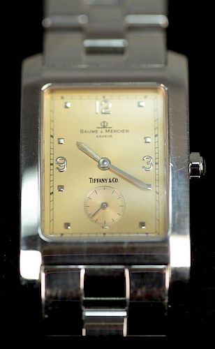 Baume & Mercier stainless steel rectangular bracelet watch, quartz retailed by Tiffany & Co.