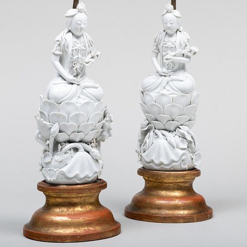 Pair of Chinese White Glazed Porcelain Figures of Guanyin Mounted as Lamps