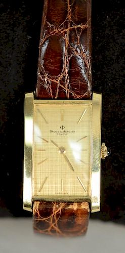 Baume & Mercier 18K rectangular wristwatch with brown alligator strap with box.