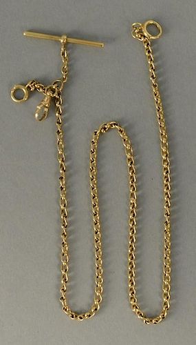 14K watch chain with T bar. 
22.4 grams