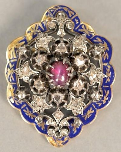 14K gold and enameled Victorian brooch mounted with forty rose cut diamonds surrounding pink star sapphire (some enamel chips