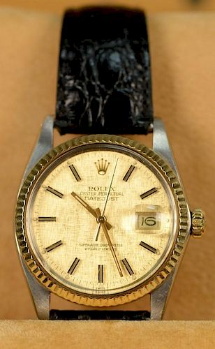 Rolex "Datejust" stainless steel wristwatch with 18K yellow gold fluted bezel model 16013, cracked crystal, champagne Florent
