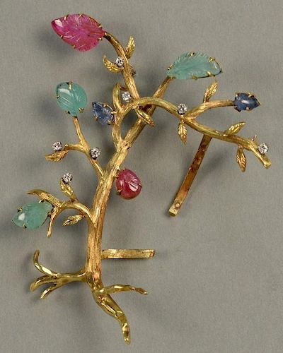 18K brooch in form of a tree with seven diamonds and seven hardstone carved leaves. 
ht. 3 1/8in. 
total weight 26.7 grams