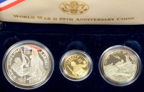 World War II 50th Anniversary Commemorative coins three piece set including proof five dollar gold 8.3 grams 90% pure, proof 