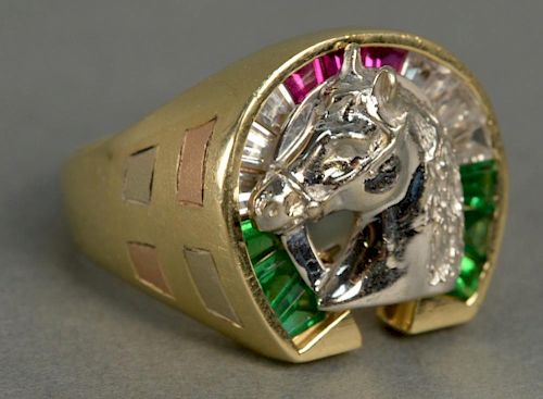 14K mens ring with horse and horseshoe set with diamonds, rubies, and emeralds.