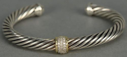 David Yurman silver and gold bracelet (18K) mounted with diamond melee.