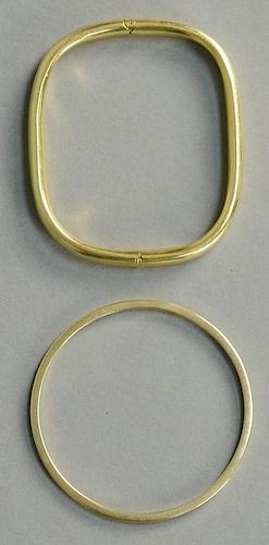 Two gold bracelets including one 18K square bangle and one round 14K with no opening. 
square: 19.2 grams 
round: 13.5 grams