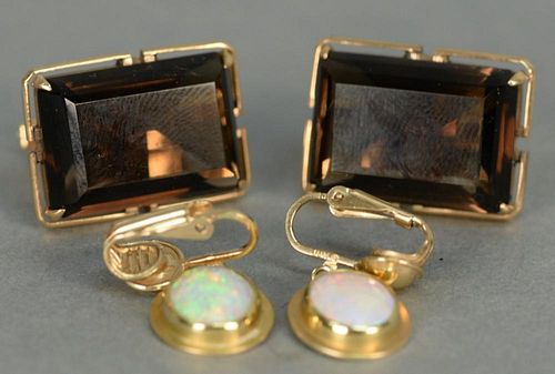 Four piece lot including pair of 14K gold and topaz cuff links and a pair of 14K and opal clip-on earrings.