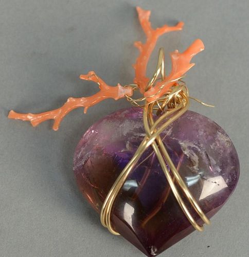 Gold Amethyst and coral large pendant by Kazuk, amethyst heart shaped pendant wrapped with gold wire and three pieces coral, 