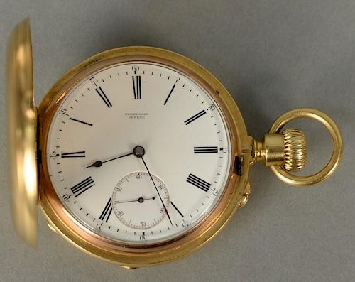 Henry Capt. 18K gold demi chronometer pocket watch with closed face, dial, case, and works marked Henry Capt. Geneva, works m