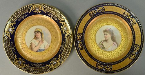 Two Royal Vienna portrait plates to include a hand painted porcelain plate with royal blue and heavy gilt border, center pain