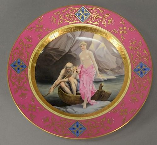 Royal Vienna Porcelain cabinet plate "Psyche", 19th century, pink border with heavy gold relief decoration and hand painted s
