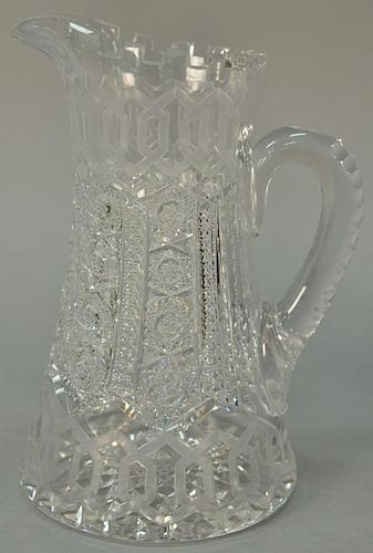 American Brilliant cut glass pitcher, Alhambra pattern Greek Key design by Thomas A. Shanley for Meriden Cut Glass Co. 
ht. 1