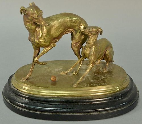 Pierre Jules Mene (1810-1879) 
bronze 
"Deux Levrettes Jovant Avec Une Boule" 
Whippets 
marked on base: P.J. Mene 
bronze on