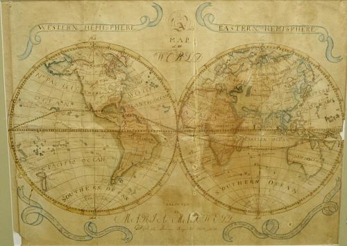 Hand drawn map of the world, Eastern and Western Hemisphere, executed by Marta Maxwell August 13, Lebanon, August 31, 1814. 
