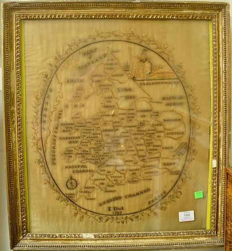 Embroidery map of England and Wales, marked E. Dick 1797. 
sight size 20" x 18"