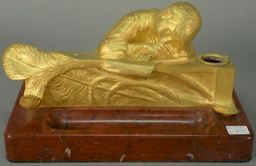Gilt bronze and figural inkwell on rouge marble base with oblong well signed: Victorien Sabatier.  (cover of inkwell missing)