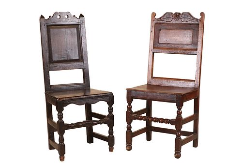 Two Jacobean Oak Plank Seat Side Chairs