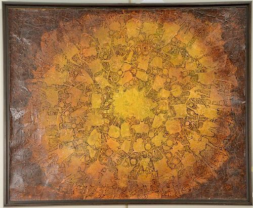 Josaku Maeda (1926-2007) 
mixed media on paper on burlap 
Abstract 
Similar to Jardin des delices No. 7 
signed top right: J.
