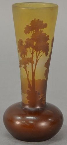 Emile Galle cameo bud vase, overlaid green and brown, etched with lakeside forest.  ht. 4 5/8in.