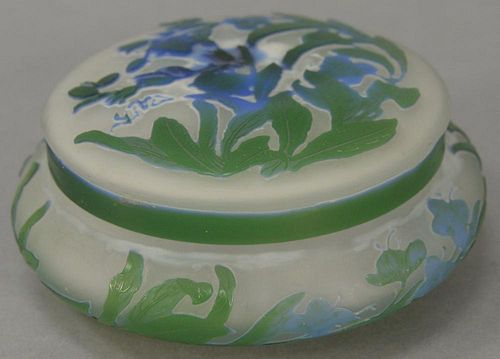 Emile Galle cameo box, circular form green and blue overlaid glass covered box.  ht. 2 1/4in., dia. 5in.